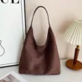 Brown suede hobo shoulder bag, large capacity retro casual underarm tote bag for women. - Coffee