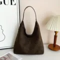 Dark brown suede hobo shoulder bag vintage casual commute large capacity tote bag daily use - Green