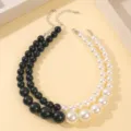 Collar de cuentas gruesas de doble hebra con bolas acrílicas en blanco y negro joyería - Estilo de Perla Artificial de Doble Capa / Negro y Blanco