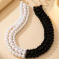 Elegante collar de perlas falsas negras y blancas multicapa con cadena dorada. - Estilo de Perla Artificial de Capas Múltiples / Patchwork Blanco y Negro