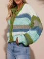 Detail shot of women's color block chunky knit cardigan sweater with buttons and striped design. - M / Tops / Blue