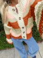 Women's fall fashion color block striped chunky knit cardigan sweater with buttons. - S / Tops / Brick Red