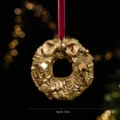 Gold vintage resin Christmas wreath ornament pendant with red velvet ribbon for decor - Flower Garland / Gold