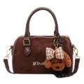 Brown suede Boston crossbody bag with cute plush puppy charm, retro top handle handbag for women. - With Pendant / Coffee