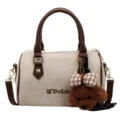 Retro Boston suede crossbody handbag with cute puppy plush charm and brown handles for women - With Pendant / Off White