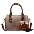 Vintage suede Boston crossbody bag with cute plush bear pendant for women daily chic style. - Light Khaki