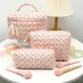 Pink Quilted Makeup Bag Set Cute Heart Cosmetic Pouch Travel Toiletry Storage Case - Sanitary Napkin Storage Bag / Polka Dot Heart