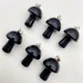 Natural black crystal stone mini mushroom pendant charm for DIY necklace jewelry making. - Obsidian