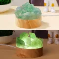 Veilleuse en cristal vert USB lampe d'ambiance de chevet avec socle en bois, ornement - Fluorite Verte Brute-Lumière Froide
