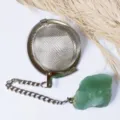 Detail view of stainless steel mesh tea infuser with natural crystal stone and chain. - Green Aventurine (Raw Stone 3-3.5cm)