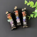 Handmade wrapped black crystal hexagonal column pendant with natural colorful chakra gravel stones. - Obsidian