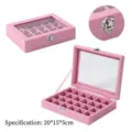 Boîte à bijoux en velours rose avec couvercle en verre, organiseur multicase chic. - 24 Grilles / 20*15*5cm / Rose
