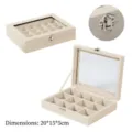 Boîte à bijoux en velours avec couvercle en verre, présentoir de rangement 20x15cm - 12 Grilles / 20*15*5cm / Beige