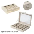 Boîte à bijoux en velours beige avec couvercle en verre, organiseur de bagues. - 24 Grilles / 20*15*5cm / Beige