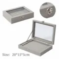 Boîte à bijoux en velours gris avec couvercle en verre transparent et organisateur de bagues - Barre Verticale / 20*15*5cm / Gris