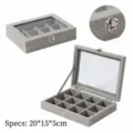 Boîte à bijoux en velours gris avec couvercle transparent et casiers réglables 20x15x5cm - 12 Grilles / 20*15*5cm / Gris