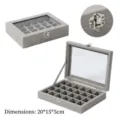 Boite a bijoux en velours gris avec couvercle en verre 24 compartiments pour bagues - 24 Grilles / 20*15*5cm / Gris