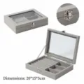 Boîte à bijoux en velours gris avec couvercle en verre, fermoir métallique et fentes pour bagues. - 3 Grilles / 20*15*5cm / Gris