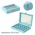 Boite a bijoux en velours bleu avec couvercle transparent pour bagues et boucles. - 24 Grilles / 20*15*5cm / Bleu
