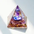 Handmade crystal pyramid ornament with natural amethyst chips, resin, and yin yang symbol. - AG 7