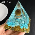 Handmade resin crystal orgonite pyramid with turquoise stones and gold foil for home decor. - AG 14