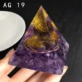 Handmade crystal pyramid resin ornament with amethyst chips and copper coil for home decor. - AG 19