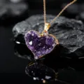 Stunning natural amethyst cluster heart pendant with golden chain, elegant crystal jewelry. - Heart Amethyst Cluster with Chain / Gold