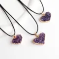 Natural Amethyst Cluster Heart Pendant Necklace Purple Crystal Jewelry with Black Cord - Heart Amethyst Cluster with Leather Cord / Gold