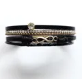 Multi-layer leather rhinestone bracelet with infinity charm and sparkling crystals for daily wear. - Black