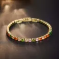 Detailed view of gold plated colorful cubic zirconia tennis bracelet, fine link jewelry. - Multicolor Zirconia