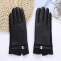 Women winter warm touch screen leather gloves with metal buckle, stylish black windproof. - Black
