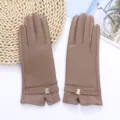 Women winter warm touchscreen faux leather gloves with metal buckle stylish windproof brown - Khaki
