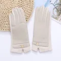 Women winter warm touch screen leather gloves with stylish metal buckle design for cold weather riding. - Off White