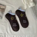 Women cute embroidered puppy star short socks, brown breathable spring summer ankle boat socks. - One Size / Brown Star