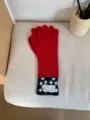 Korean style long red knitted gloves with polka dot cuff and cute label for warm winter daily wear. - Red