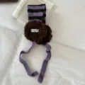 Winter warm knitted earmuffs with purple stripes and brown plush design, stylish and cozy. - Purple
