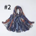 Blue brown striped satin silk scarf detail view, elegant lightweight women long shawl wrap. - Style #2