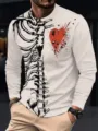 Close-up detail of men's long sleeve t-shirt featuring 3D skeleton and bleeding heart print. - S / Tops / XZ-1688-5084