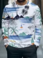 Men's long sleeve t-shirt detail showing tropical beach and sailboat graphic print top. - S / XZ-1688-5085