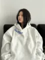 Women fleece-lined oversized hoodie autumn winter vintage loose hooded sweatshirt top - M / Grayish White