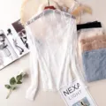 Top a maniche lunghe in pizzo bianco, maglietta basic aderente da donna autunno inverno. - Taglia M / Bianco Latte (Trasparente)