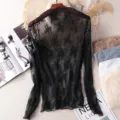Élégant haut en dentelle noire à col haut et manches longues moulant pour automne hiver - Noir Rétro (Transparent)
