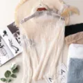 Chemise thermiques en dentelle transparente manches longues col montant haut moulant - Abricot Doux (Transparent)