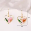Clear resin heart pressed flower earrings, gold plated hook, chic floral jewelry. - Large Size Pink Flower