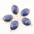 Close-up detail of oval lapis lazuli bezel-set double hole connector pendant for DIY jewelry. - 28x15mm / Lapis Lazuli Single