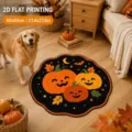Halloween round pumpkin rug detail, cozy home decor mat with cute autumn holiday design. - Crystal Velvet / 60x60cm / Halloween-7 (Pumpkin Bat)