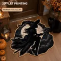Halloween witch silhouette print circular doormat festive entryway home decor rug 60x60cm - Crystal Velvet / 60x60cm / Halloween-20 (Witch On Broomstick)