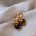 French vintage natural tiger eye hoop earrings detail close up luxury jewellery chic accessory - 12mm / Brown