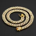 Vista detallada del collar de cadena cubana de 12 mm con diamantes de imitación brillantes. - Dorado 16 pulgadas (40 cm)