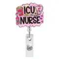 Porte Badge Retractable ICU Infirmiere Rose Pailletee en Acrylique pour Personnel Medical - Infirmière ICU